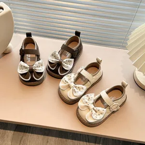 Girls Mary Jane Shoes Sweet Floral Bow Princess Flat Shoes Quilted Rhombus Soft Sole Anti-Slip Toddler Single Shoes