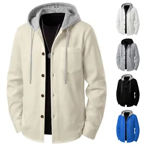 Men Waffle Knit Hooded Sweatshirt Jacket Casual Long Sleeve Button Down Top Solid Color Fashion Lightweight Outerwear With Pocket
