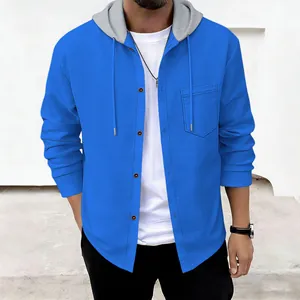 Detailed view of men's blue waffle knit button-up hoodie jacket with contrast grey hood