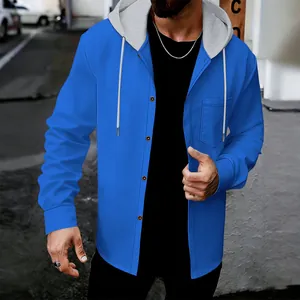 Detail view of men's blue waffle knit button-up hooded sweatshirt with pocket.