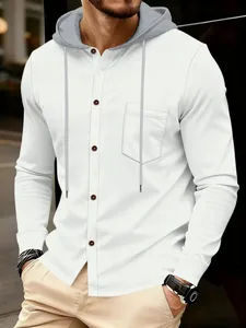 Close-up detail of men's white waffle knit long sleeve hoodie with button front