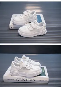 Side detail of white breathable mesh children sneakers with convenient velcro straps