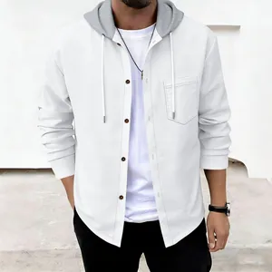 Men's waffle knit button-up hooded shirt jacket in casual white style
