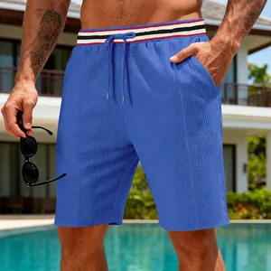 Detailed view of men's blue quick-dry athletic shorts featuring a striped elastic waistband