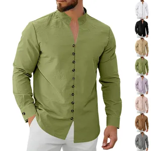 Detailed view of men's casual stand collar linen shirt with multi-button front design.