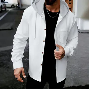 Close-up detail of white waffle knit hooded sweatshirt with buttons and pocket