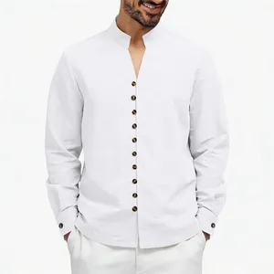Close-up detail of men's white casual shirt with mandarin collar and stylish buttons