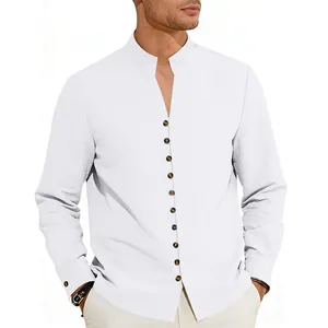 Front view of men's white stand collar long sleeve shirt with distinct button details.