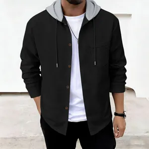 Casual men's waffle knit hooded jacket with buttons and a functional front pocket