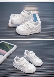 Detailed close-up views of white children's sneakers featuring Velcro straps and sport labels
