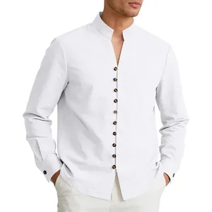 Detailed view of a white linen-textured mandarin collar shirt for men with unique buttons.
