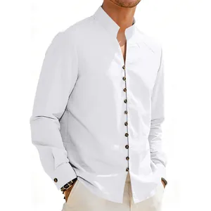 Close-up of white Mandarin collar men's shirt with vintage button details and linen texture.