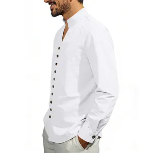 Side view of white men's ethnic style shirt with stand collar and decorative buttons