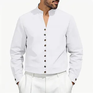 Detailed texture of white men's long-sleeve ethnic shirt with stand collar