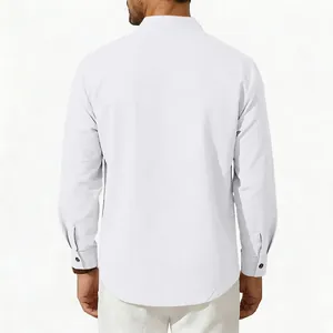 Back view of a white long-sleeve mandarin collar shirt for men, focusing on fit and texture.