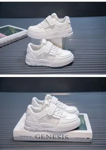 Macro shots of white children's fashion sneakers featuring soft soles and hook-and-loop straps