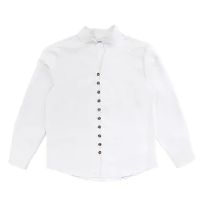 Detailed front view of a white men's long sleeve shirt with stand collar and buttons
