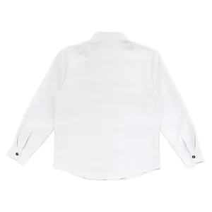 Rear view of a minimalist white men's loose casual stand collar long sleeve shirt on white background
