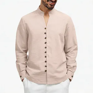 Ethnic style men's stand collar long-sleeve linen shirt with tortoiseshell buttons