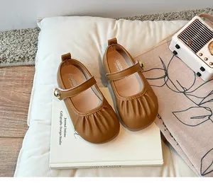 Detailed macro view of brown toddler Mary Jane leather shoes on a white display book