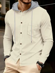 Detailed shot of men's waffle-knit hooded shirt featuring button-down front and pocket