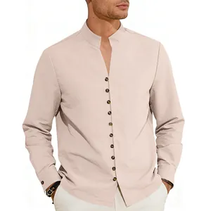 Men's beige ethnic style long sleeve shirt with stand collar and button detail