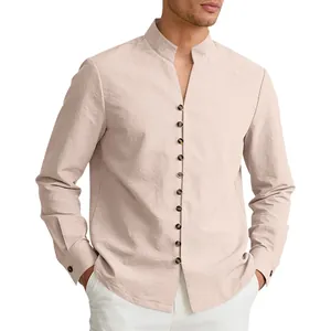 Detail of men's relaxed ethnic shirt with mandarin collar and dark button row