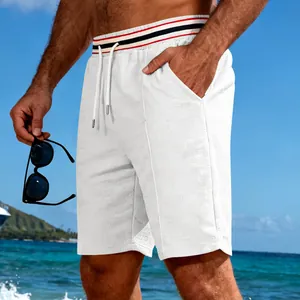 Men's white textured quick-dry casual shorts with striped waistband for beach vacation