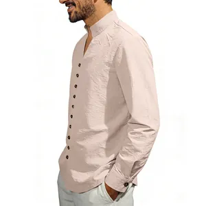 Side view detail of men's casual ethnic stand collar long sleeve button shirt in pink
