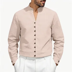 Detail view of elegant men's apricot stand collar linen-look shirt with multiple buttons