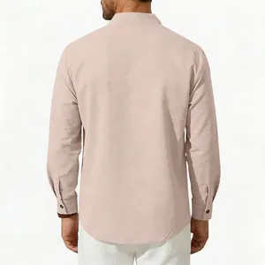 Detail back view of a men's casual pink long-sleeve linen shirt with stand-up collar