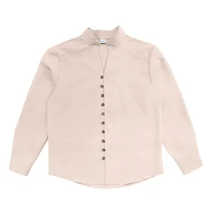 Detail of a men's apricot stand collar shirt featuring a vertical button-down design.