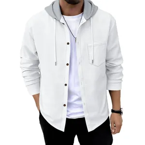 Casual men's white waffle texture hooded sweatshirt with button-down pocket detail