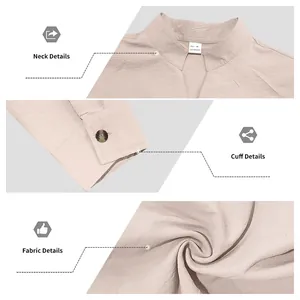 Detail view of stand collar, button cuffs and textured fabric for men's casual shirt