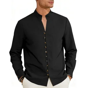 High-quality detail of men's black Mandarin collar shirt with unique button texture