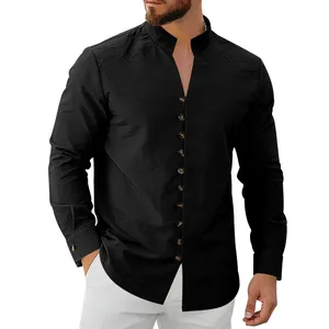 Close-up detail of men's casual black long sleeve shirt featuring a stand collar and wood buttons.