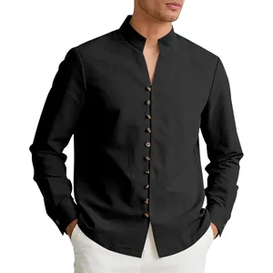 Detail of men's black long sleeve shirt with mandarin collar and button design