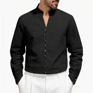 Detailed view of men's black stand collar long-sleeve shirt with elegant button accents