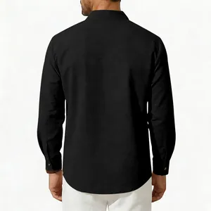 Back view of men's loose ethnic style black long sleeve shirt with stand collar