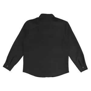 Detailed back view of a black men's mandarin collar long sleeve shirt, relaxed fit.