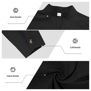 Detailed views showing the neck, cuff and fabric texture of black men's stand-collar shirt