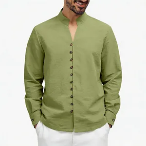 Men's olive green long sleeve casual linen-look shirt with mandarin collar and buttons