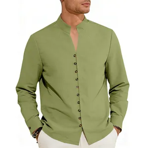Close-up of men's sage green linen-like shirt with stand collar and button detail.