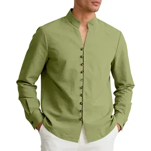 Macro view of olive green men's stand collar shirt with natural linen texture details