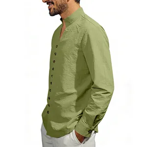 Side profile view of a men's sage green casual linen shirt with Mandarin collar and side buttons