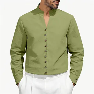 Detail view of men's olive green long-sleeved shirt with stand collar and textured fabric