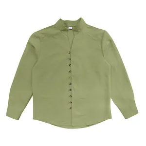 Casual sage green stand collar long sleeve shirt for men with button detail