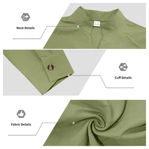 Detailed close-up views of men's olive green standing collar shirt neck, cuff, and fabric