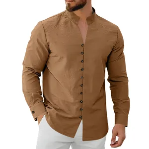 Detail view of men's casual brown long sleeve shirt with stand collar and buttons