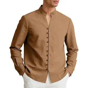 Detailed shot of a brown stand collar long-sleeve shirt with multiple button closure